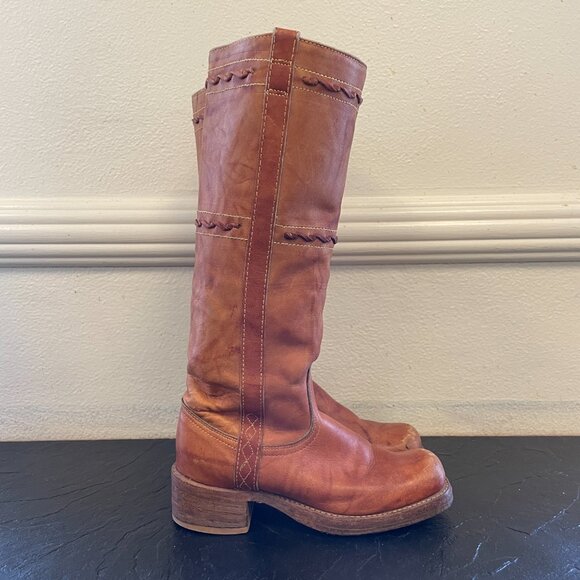 Vintage 70s Leather Square Toe Campus Boots Brown Tan Braided | Size 5.5 - Picture 5 of 15